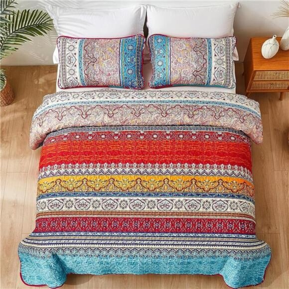 BEDDING Boho Quilt Set Queen Size, Bohemian Stripe 3 Pieces Christmas - Picture 3 of 7